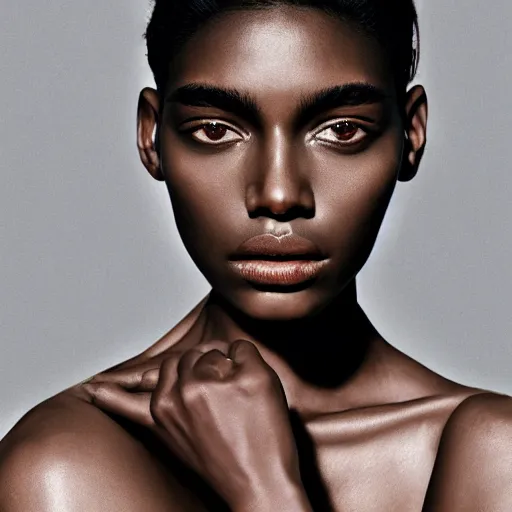 Prompt: a muted colors natural make-up portrait photograph of a black model, editorial story, Vogue France, editorial photographer by Peter Gehrke