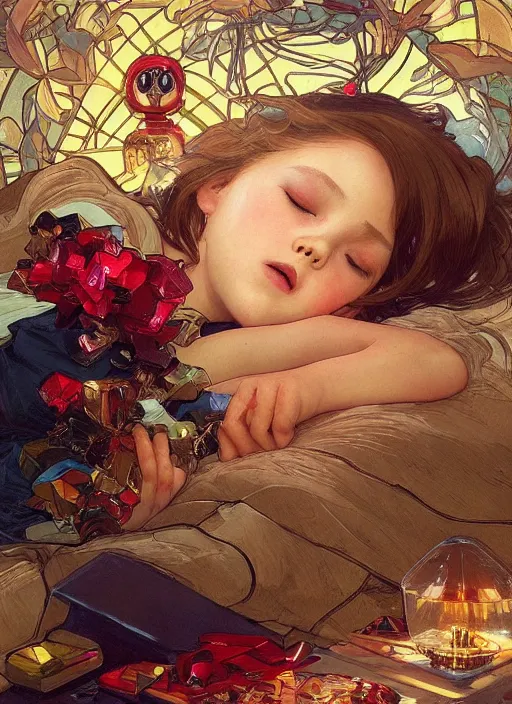 Prompt: seven year old happy robot, asleep at christmas. surrounded by gifts. high quality detailed face. beautiful painting by artgerm and greg rutkowski and alphonse mucha