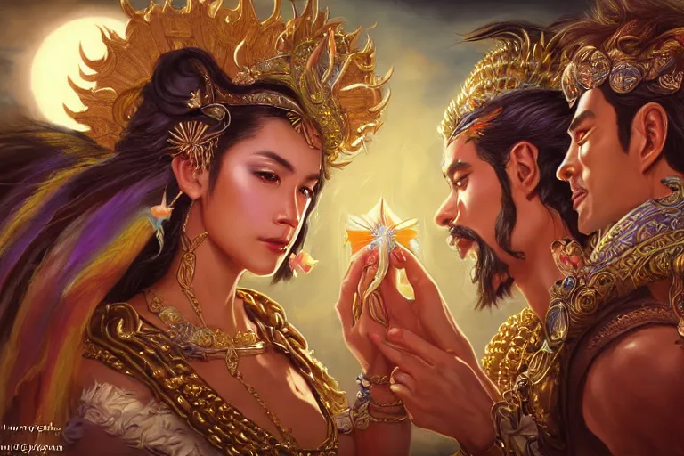 Image similar to close up moment of a divine a sun god and a moon goddess lovers magician at a wedding banquet, highly detailed, d & d, fantasy, highly detailed, digital painting, trending on artstation, concept art, sharp focus, asian feature, illustration, art by artgerm and daniel gerhartz and magali villeneuve