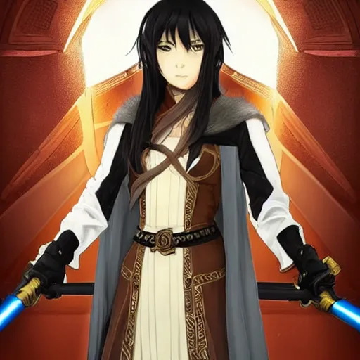 Image similar to a female Kazuto Kirigaya Kirito as young woman with brown long hair and bangs and wearing a long black coat breast-armor showing through, with light-saber, face, fantasy, intricate, elegant, highly detailed drawn by Julie Bell and Fernanda Suarez and Artem Demura, face by Artgerm and Edmund Leighton, Alphonse Mucha, background by James Jean and Gustav Klimt, 4k, porcelain skin, komorebi, french nouveau, trending on pixiv, octane render, hyperrealistic
