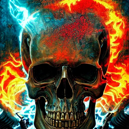 Image similar to terminator skull on flaming town background, acrilic paint, digital, artstation, detailed intricate ink illustration, heavenly atmosphere, digital art, overdetailed art, concept art, complementing colors, trending on artstation, cgstudio, the most beautiful image ever created, dramatic, subtle, details, award winning artwork, beautiful scenery