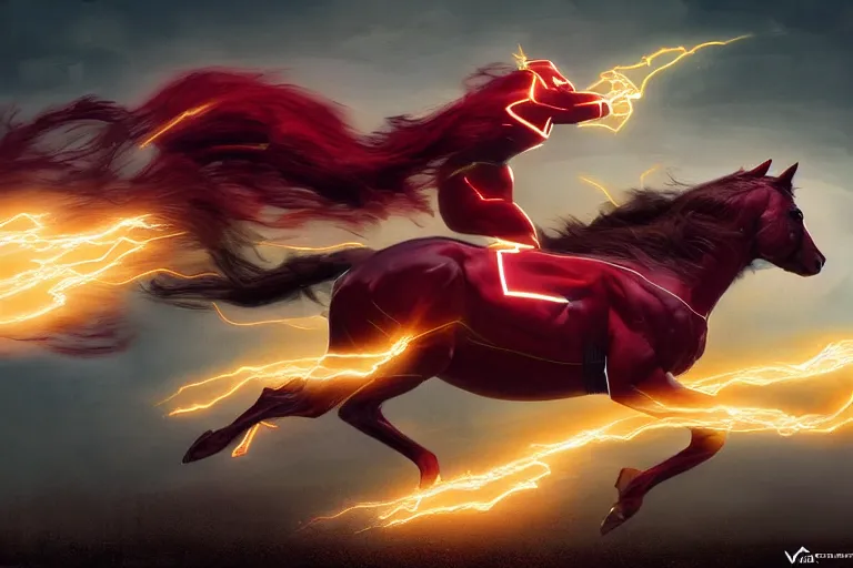 Image similar to a stunning digital painting of a horse as the flash in spandex costume, running in the speedforce by greg rutkowski, volumetric light, digital art, fine detail, photorealistic