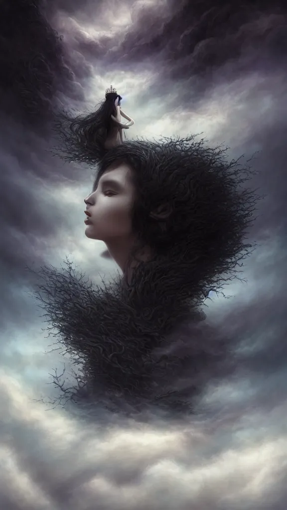 Image similar to a woman with very black hair and pale skin with a crown on her head walk on the clouds, in the style of tomasz alen kopera and fenghua zhong and peter mohrbacher, mystical colors, rim light, beautiful lighting, 8 k, stunning scene, raytracing, octane, trending on artstation,