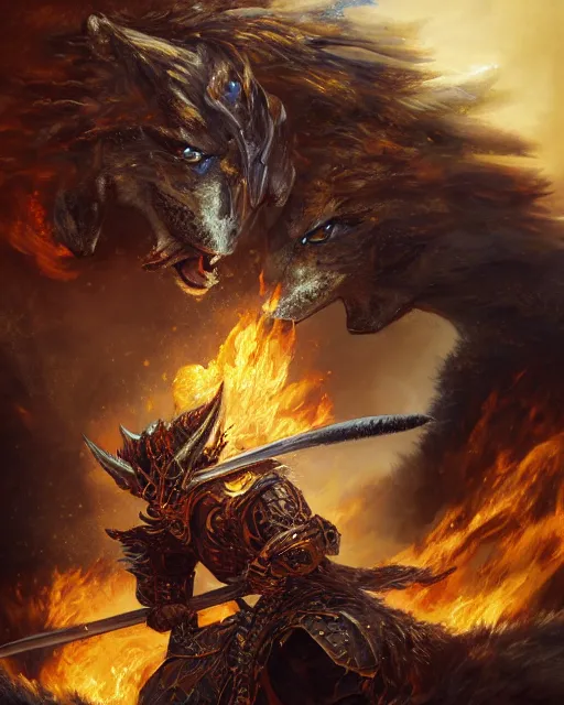 Image similar to oil painting of Anthropomorphized Wolf Warrior holding fire sword, wearing intricate fur armor, sharp focus, magical aura, heroic pose, fantasy style, octane render, volumetric lighting, 8k high definition, by greg rutkowski, highly detailed, trending on art Station, magic the gathering artwork, magical Battlefield backround, centered