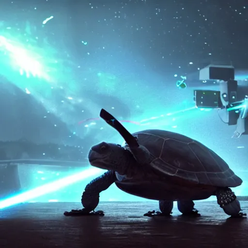 Prompt: a giant turtle robot shooing lasers from its mouth, photo realistic, highly detailed 8 k cinematic.