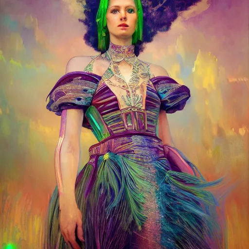 Image similar to a highly detailed portrait of a futuristic princess, neon colored dress, beautiful detail and color, art by john collier and albert aublet and krenz cushart and artem demura and alphonse mucha, volumetric lighting, octane render, 4 k resolution, matte, sharp focus, illustration, art by jacque - louis david, baroque style