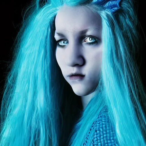 Prompt: portrait of young girl half dragon half human, dragon girl, dragon skin, dragon eyes, dragon crown, blue hair, long hair, highly detailed, cinematic lighthing, By David Lynch