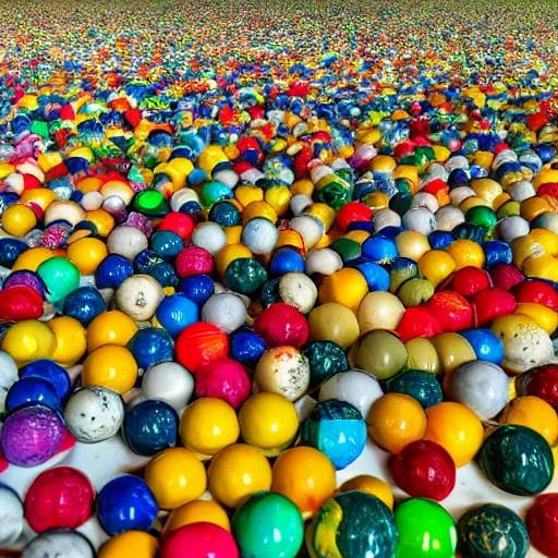 Image similar to a field filled with different colored marbles all together, natural lighting on a sunny day, wide angle photography, 4 k,