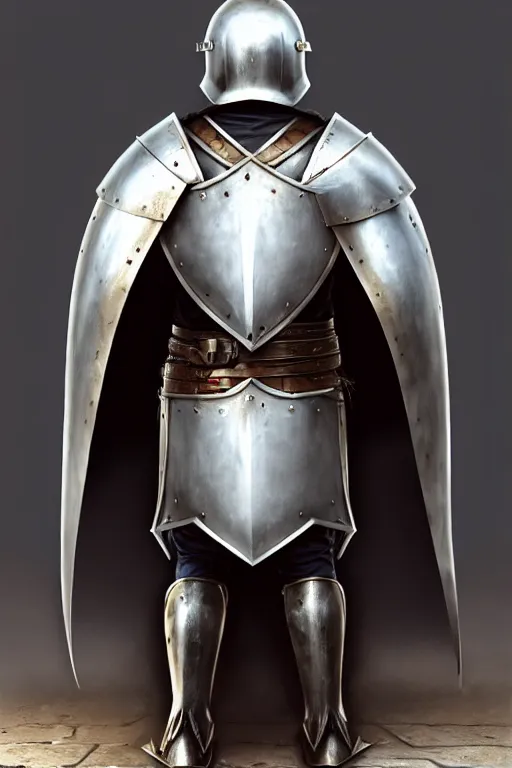 Prompt: man looking forward in iron decorated christian crusader plate armor, cylindrical crusader great helm covering all his head and white cape covering his back and elbows standing at the gates of jerusalem drawn by greg rutkowski realistic high detail