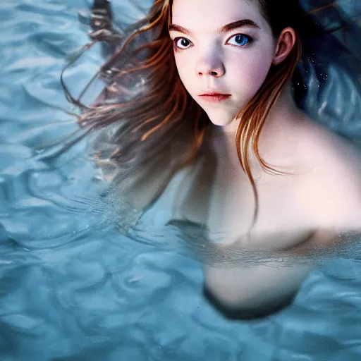 Image similar to portrait of a beautiful girl like anya taylor - joy floating under the deep water, white petal, by personal photography, art by brookskim, closeup, 4 k, highly detailed, instagram,