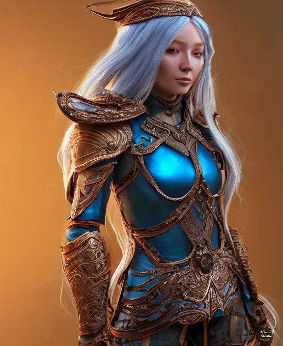 Image similar to a beautiful and highly detailed digital portrait of a dignified elf with long blue hair in a rose gold armor breastplate by artgerm, julia razumova, and lu ji, centered, artsation contest winner, cgsociety, fantasy art, cryengine, concept art, photorealism, daz 3 d, sketchfab, zbrush, vray