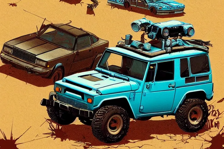 Image similar to digital illustration of a futuristic faded cyan mad max's fj 4 0 decrepit!!!! pursuit special, rusty!!! cyberpunk nissan fj cruiser heavily modded 1 9 9 0 s, the last v 8 interceptor by makoto shinkai, ilya kuvshinov, lois van baarle, rossdraws, basquiat