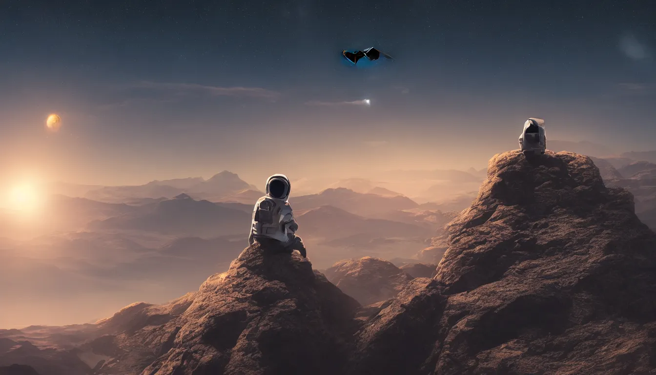 Prompt: futuristic lonely astronaut sitting on top of a mountain looking at the horizon of a unknown planet, close shot, sunset, cinematic, epic, dark scenario, 8k, award winning,