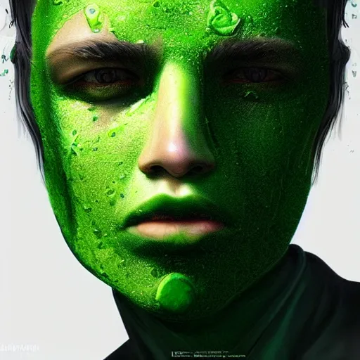 Prompt: face with green goo on it hyperrealistic portrait, photo realistic, poster, artstation, volumetric lighting, digital art, very detailed face by magali villeneuve