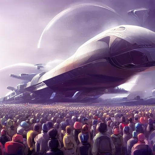 Image similar to thousands of people next to a big spaceship, artstation