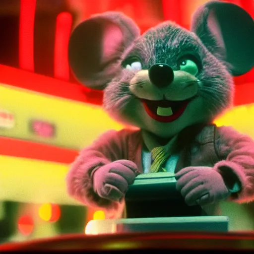 Prompt: Still of Chuck E. Cheese mouse mascot, casino interior, in the movie Blade Runner, cinematic lighting, 4k