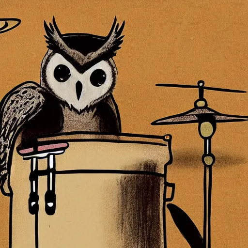 Image similar to concept art of an angry owl playing drums