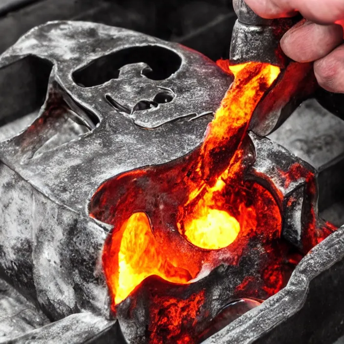 Image similar to wide angle shotmolten metal being poured into a mold in the shape of a punisher skull emblem. background is firey foundry. detailed, high art, intricate, artisan