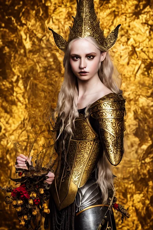 Prompt: very beautiful elven top model, golden hair, wearing dolce & gabbana gothic victorian armor with leaves and flowers, luxury materials, symmetrical, cinematic, elegant, professional studio light, real dlsr photography, sharp focus, 4 k, ultra hd, sense of awe, high fashion
