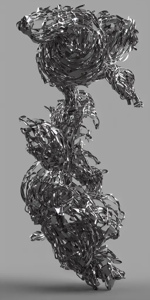 Image similar to 3 d render of an organic sculpture, chrometype, liquid metal, neotribal, raytraced, volumetric lightning, 8 k, by yhelong xu and innate studio