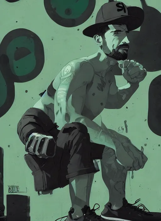 Prompt: highly detailed closeup portrait of very serious staring shia lebouf, flexing arms by atey ghailan, by greg rutkowski, by greg tocchini, by james gilleard, by joe fenton, by kaethe butcher, gradient green, black and white color scheme, grunge aesthetic!!! ( ( graffiti tag wall background ) )