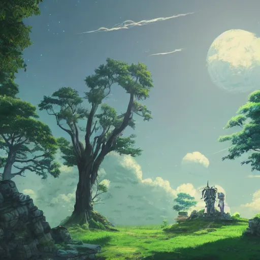 Image similar to mythical glowing ruins, beautiful ancient trees, hiding large treasure chest, serene evening atmosphere, soft lens, soft light, cel - shading, animation, in the style of cgsociety, deviantart, artstation, zbrush, cinema 4 d, studio ghibli, akihiko yoshida, atelier lulua, masamune shirow