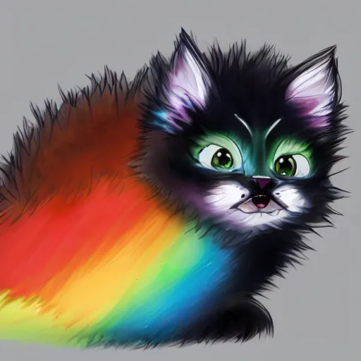 Image similar to wide angle full body, of a fluffy cute rainbow kitten wearing a black leather motorcycle jacket, concept art