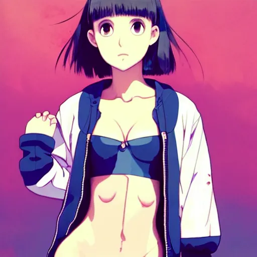 Image similar to a beautiful! boyish! natalie portman alluring gravure! model, wearing oversized mayan bomber jacket and leotard with overalls, bulky poofy bomber jacket with mayan patterns, gapmoe yandere grimdark, trending on pixiv fanbox, painted by greg rutkowski makoto shinkai takashi takeuchi studio ghibli, akihiko yoshida