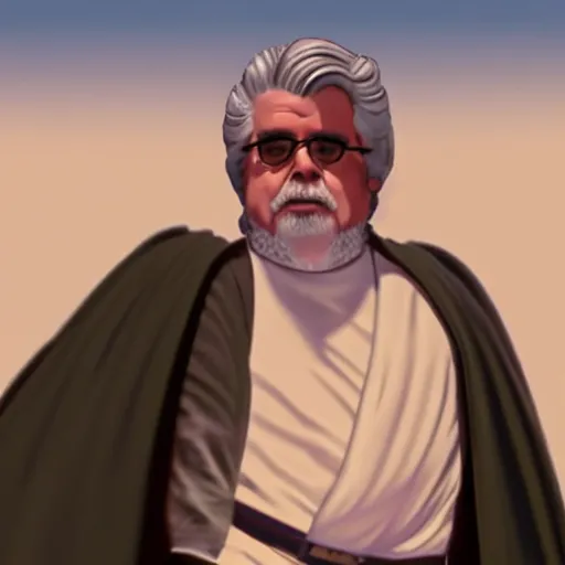 Prompt: a cinematic photo of george lucas dressed as a jedi on his way to work at the kwik - e - mart from the simpsons, beautiful, breaking bad, canon, elegant, star wars, 4 k,