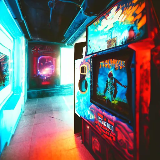 Prompt: abandoned video game arcade cabinet, glowing ghost transcending out of screen, Matt emmett, zack snyder, Anato Finnstark, and Harrison Fisher, deep color, looming, tall, deepfried, intricate matte painting, unsplash contest winner