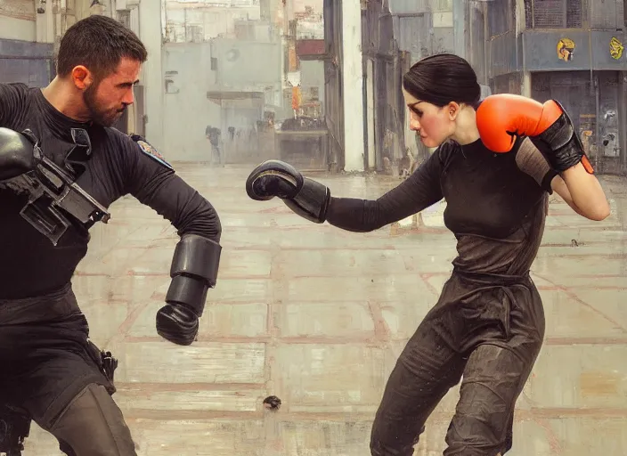 Image similar to Maria fights sgt Nash. Cyberpunk hacker in orange jumpsuit fighting menacing police troopers (blade runner 2049). beautiful face. kickboxing. Orientalist portrait by john william waterhouse and James Gurney and Theodore Ralli and Nasreddine Dinet, oil on canvas. Cinematic, hyper realism, realistic proportions, dramatic lighting, high detail 4k