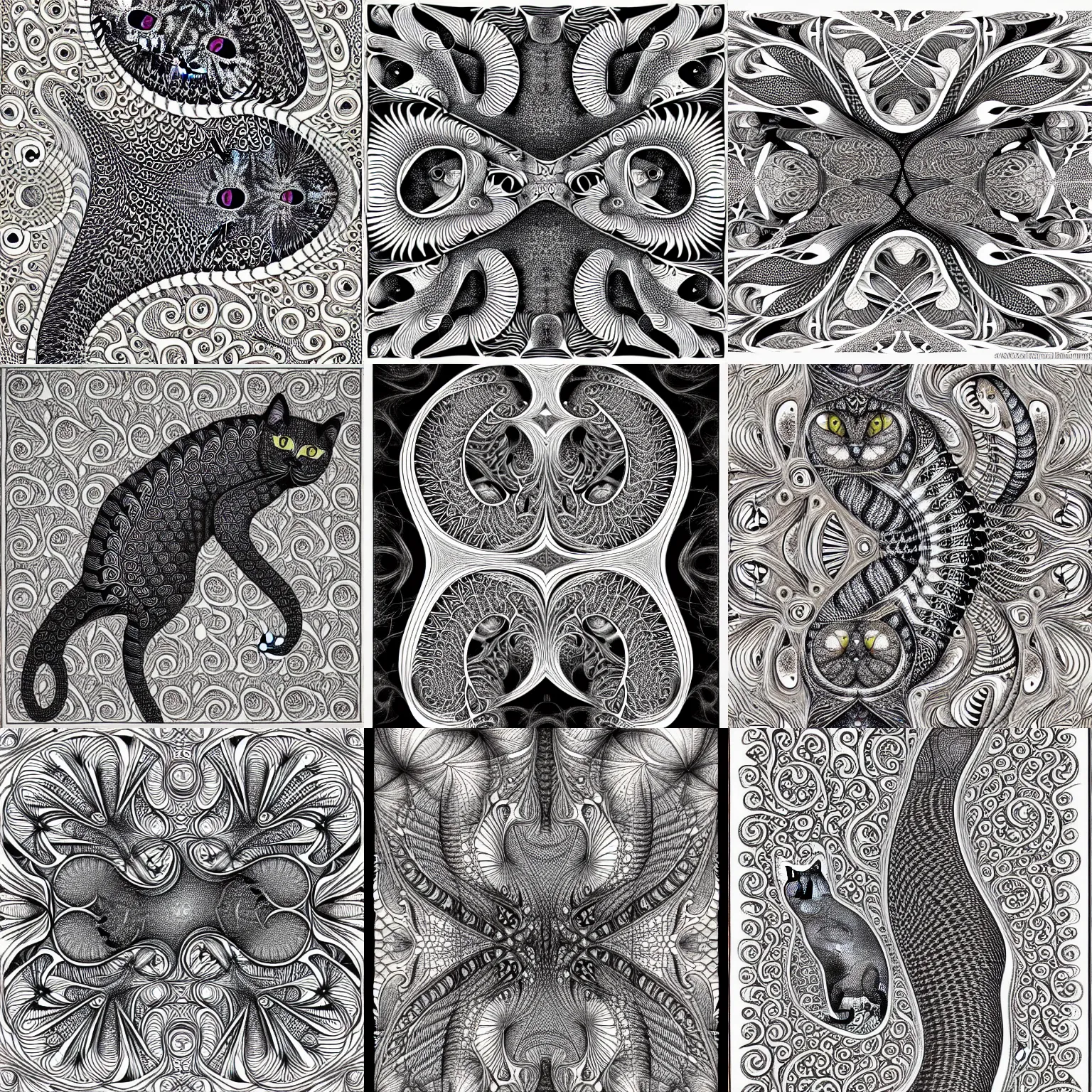 Prompt: intricate cats and fishes fractal desiggn by escher, pen and ink, hyperdetailed, fine details