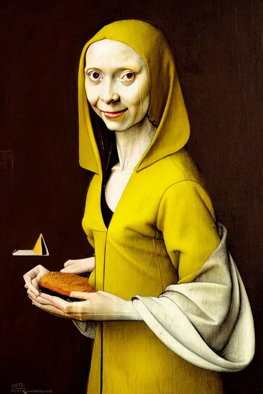 Image similar to hieronymus bosch, greg rutkowski, anna podedworna, painting of a brown haired dog eared girl with yellow blazer over a white dress who works at a bakery, close up portrait