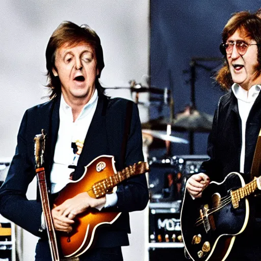 Prompt: Paul McCartney and John Lennon in concert, 2019