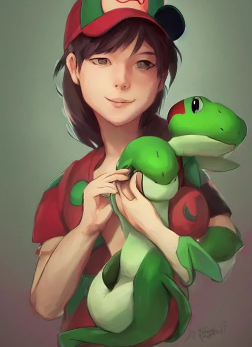 Image similar to beautiful portrait of a pokémon trainer who looks like Yoshi , character design by Ross Tran, detailed, soft lighting