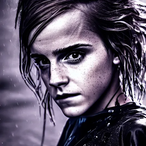 Prompt: Emma Watson, grungy, unkept hair, glowing eyes, modelsociety, wet from rain, radiant skin, huge anime eyes, bright on black, dramatic, studio lighting, perfect face, intricate, Sony a7R IV, symmetric balance, polarizing filter, Photolab, Lightroom, 4K, Dolby Vision, Photography Award