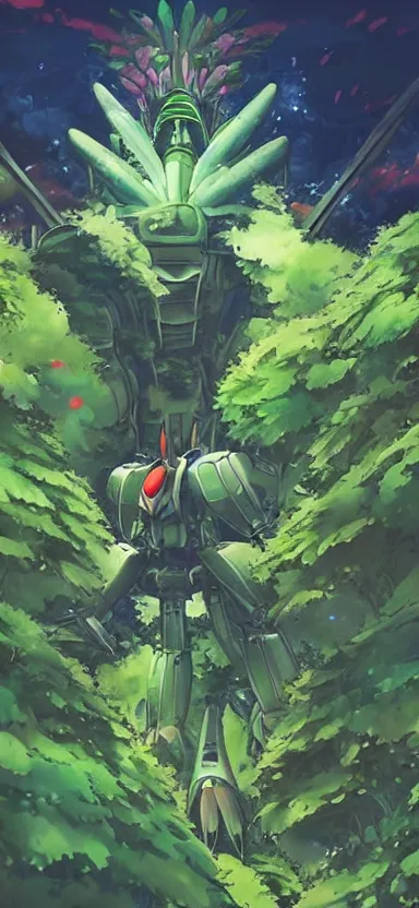 Image similar to giant plant mech, forest, key art, aesthetic, anime, shigeto koyama, hiroyuki imaishi
