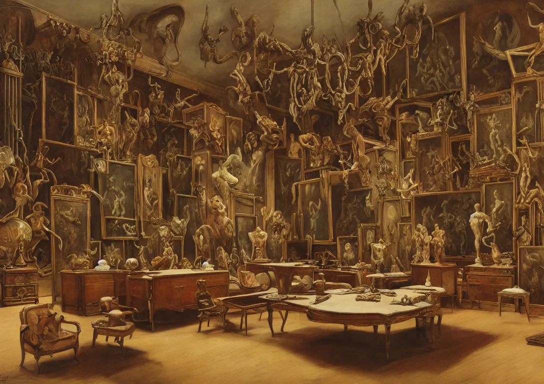 Image similar to a large room filled with antique furniture in the style of wayne barlowe, gustav moreau, goward, bussiere, roberto ferri, santiago caruso, luis ricardo falero, dali