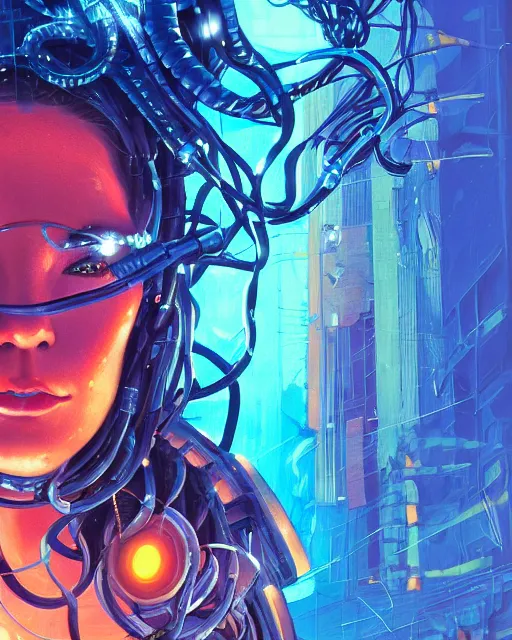 Image similar to a cyberpunk close up portrait of cyborg medusa, electricity, snakes in hair, sparks, bokeh, soft focus, skin tones, warm, sky blue, daylight, geometric, by paul lehr, jesper ejsing