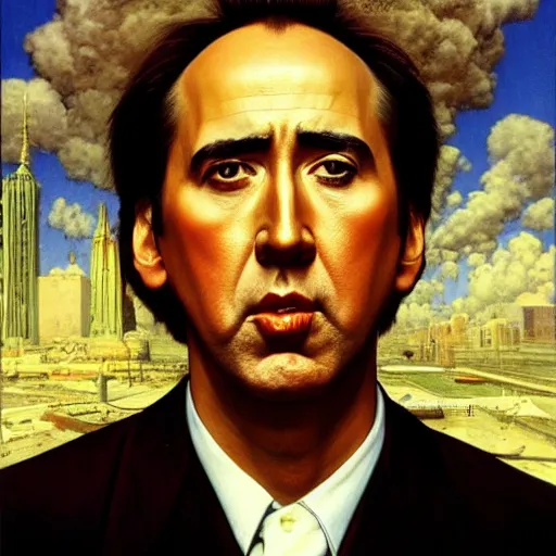 Prompt: Nicholas Cage looks at his own nose, where an entire city is thriving, and religion has started which worships Nicholas Cage, award-winning portrait oil painting by Norman Rockwell and Zdzisław Beksiński vivid colors high contrast hyperrealism 8k