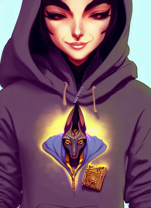 Image similar to pretty woman wearing an anubis hoodie, highly detailed, artgerm style, artstation, soft light, sharp focus, illustration, character design, concept art