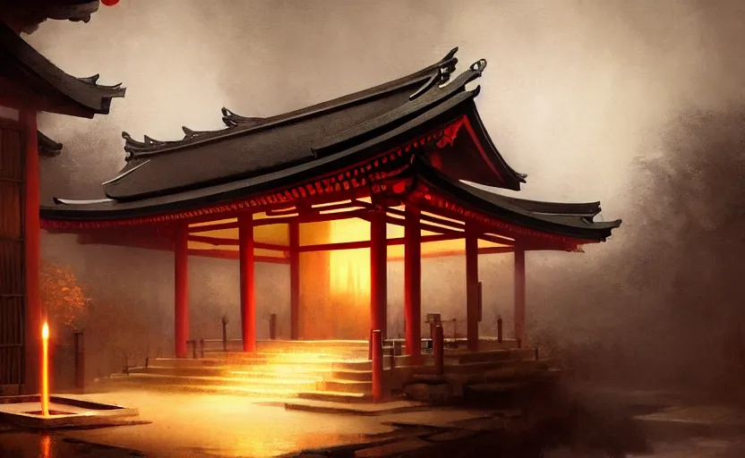 Prompt: painting of a Japanese temple with candles by Greg Rutkowski and Craig Mullins, Dark cold atmospheric sad and cinematic lighting, Trending on artstation