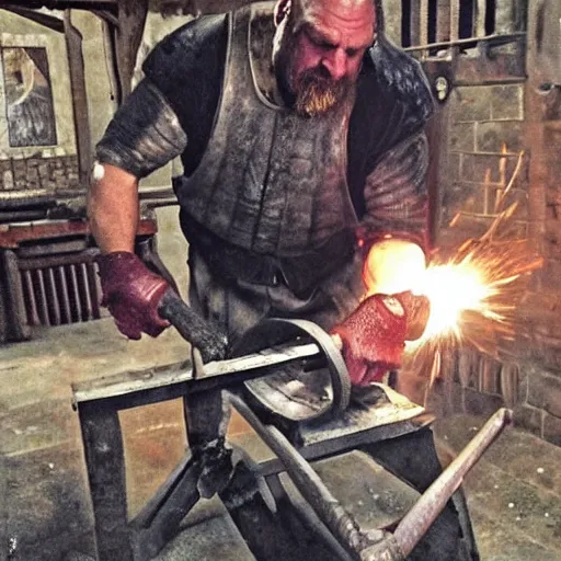 Image similar to triple h as blacksmith, medieval scene, creating his hammer!!!