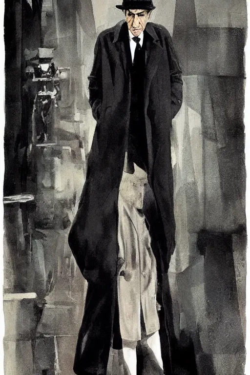 Prompt: “painting of leonard cohen as 1940s private eye, in trench coat and hat, noir atmosphere, by Robert McGinnis”