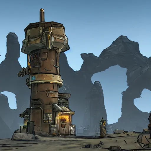 Image similar to An ivory tower sparkling in a desert oasis surrounded by a small city of ramshackle huts in the style of borderlands by gearbox sodtware, cel-shaded