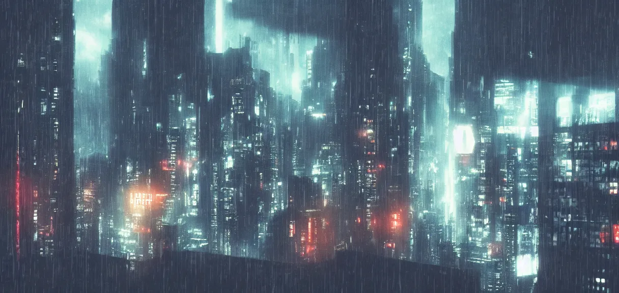 Image similar to shot of the roof with single man sitting on the edge during rain, below impressive cyberpunk night city during great rainy storm with lightning, nightscape, futuristic architecture, realistic photo, neons, blade runner, akira style, cinematic lighting, cinematic angles