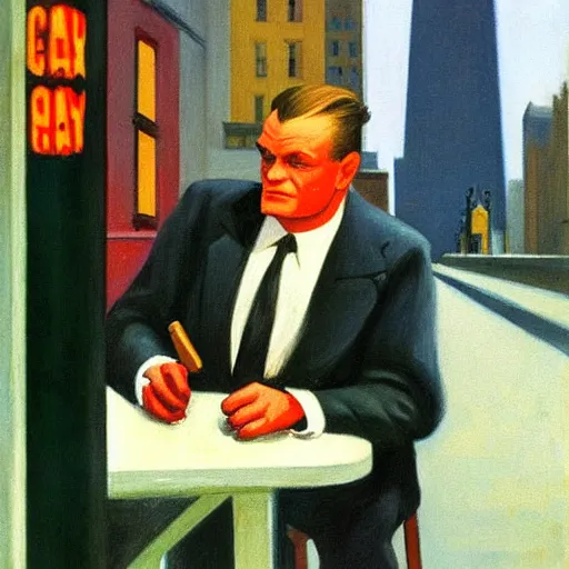 Prompt: A portrait of James Cagney smoking a cigar in a busy downtown Chicago street, circa 1940s, painting by Edward Hopper