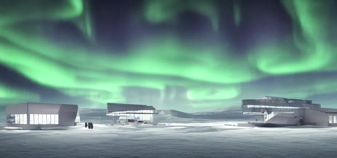 Image similar to modern research facility in the arctic at night, northern lights, aurora borealis, dramatic lighting, cinematic, establishing shot, extremely high detail, photo realistic, cinematic lighting, post processed, concept art, artstation, matte painting, style by eddie mendoza, raphael lacoste, alex ross