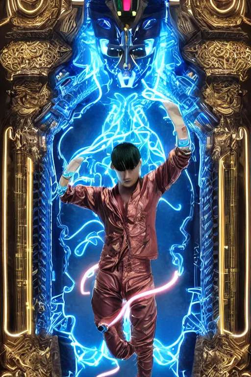 Image similar to full-body neon porcelain bladerunner style sculpture of a young handsome Italian ninja as a half android with a porcelain chest opening exposing circuitry and electric sparks, glowing laser beam eyes, crown of giant diamonds, flowing neon-colored silk, fabric, raptors. baroque elements. full-length view. baroque element. intricate artwork by caravaggio. Very very very very highly detailed epic photo of face. Trending on artstation, octane render, cinematic lighting from the right, hyper realism, octane render, 8k, depth of field, 3D
