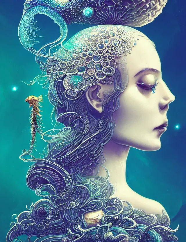 Image similar to goddess macro vintage shouler portrait from bottom to top in crown made of ram skull. betta fish, jellyfish phoenix, plasma, ice, water, wind, creature, super intricate ornaments artwork by tooth wu and wlop and beeple and greg rutkowski and alexander fedosav